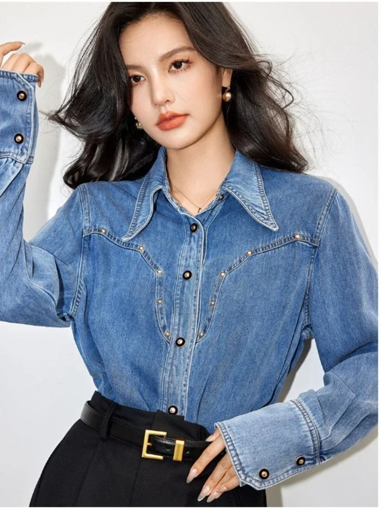 Denim Jacket Vintage - Blus desain kemeja Denim Vintage wanita
