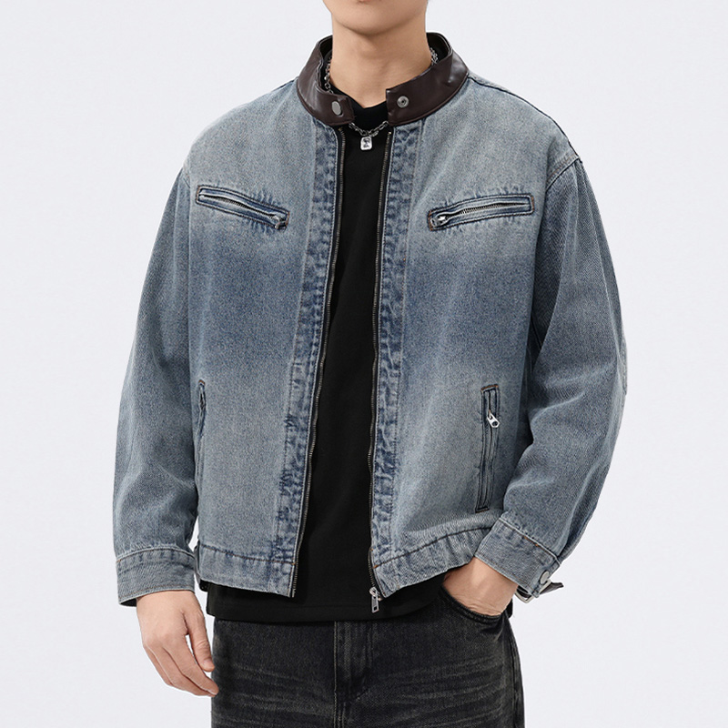 Mens Fashion Denim Jacket - Jaket Denim Kerah Kulit Pria Fashion