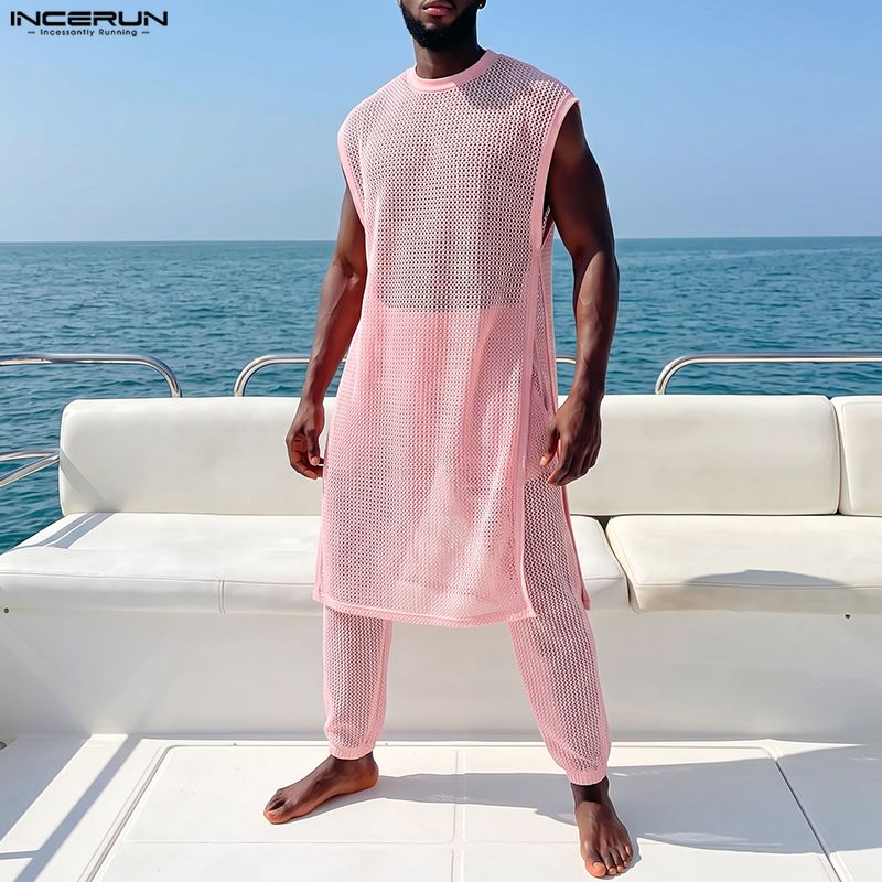 Mens Fashion Vest - INCERUN Set Pria Bahan Mesh Transparan