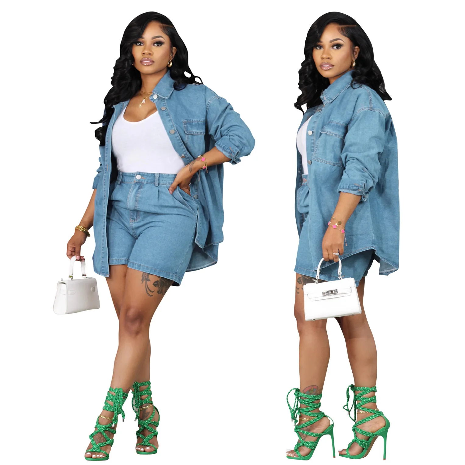 Setelan Denim Set Pendek Wanit - Denim Jacket Vintage ulasan dan harga